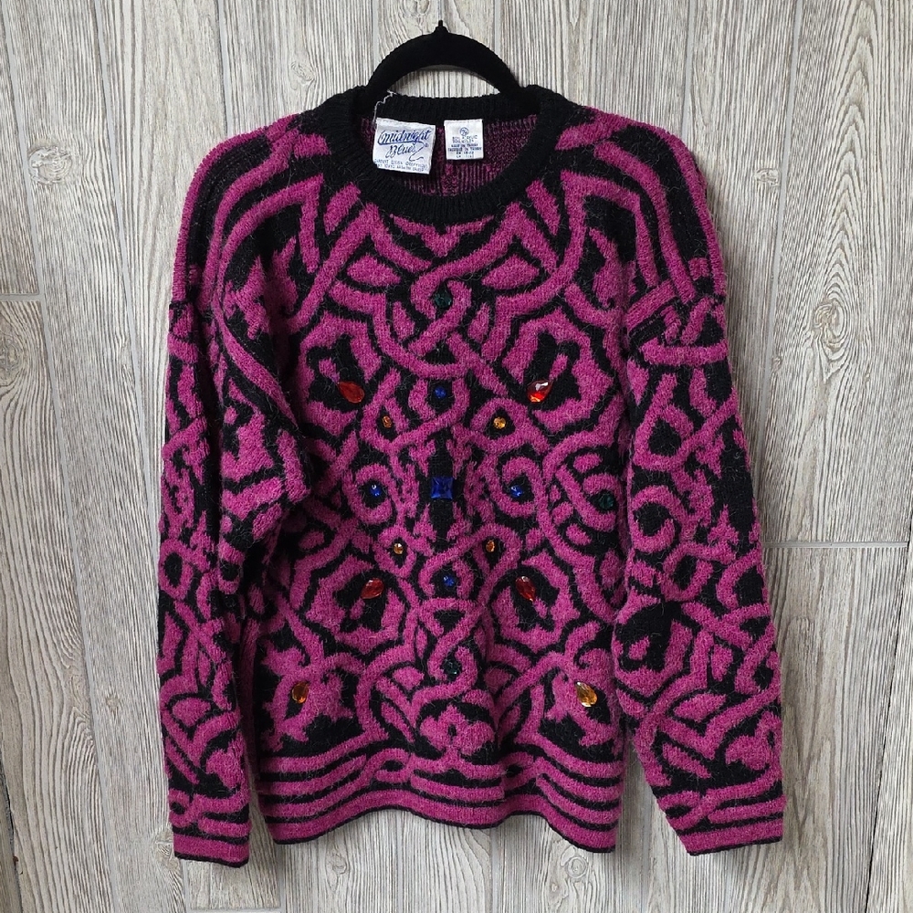 Vintage Midnight Blues 1980s Rhinestone Embellished Sweater Womens Size Medium
